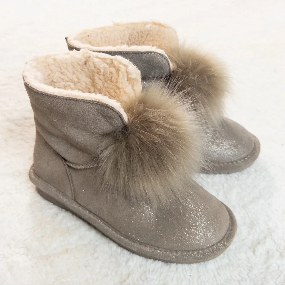 Bearpaw Women’s Size 8 Glitter Suede Boots with Fur Trim & Pom Poms